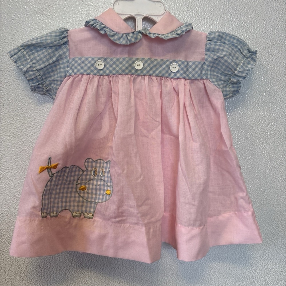Vintage Baby Girl Pink Ruffled Peter Pan‎ Collar Hippo Appliqué Dress Size 6-9 M